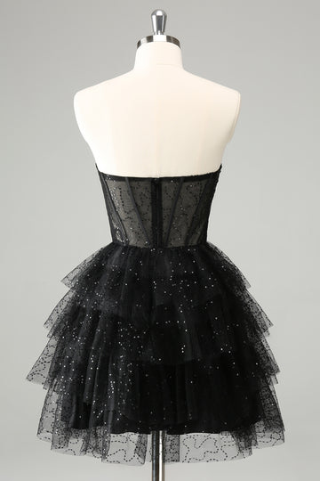 Vestido de cóctel lindo con corsé escalonado de novia negro brillante de una línea